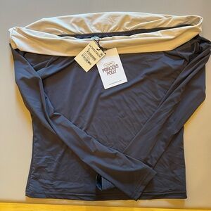 Princess Polly Two-Tone Off-Shoulder Top in Gray and Cream